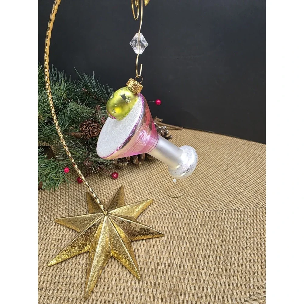 Pink Martini Glass‎ with Olive Blown Glass Christmas Ornament New Year's Theme